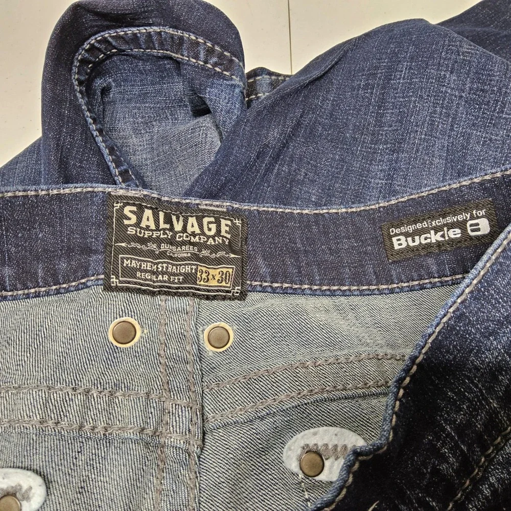Salvage Mayhem Straight Jeans Mens 33x30 Dark Wash Embroidered Buckle Exclusive